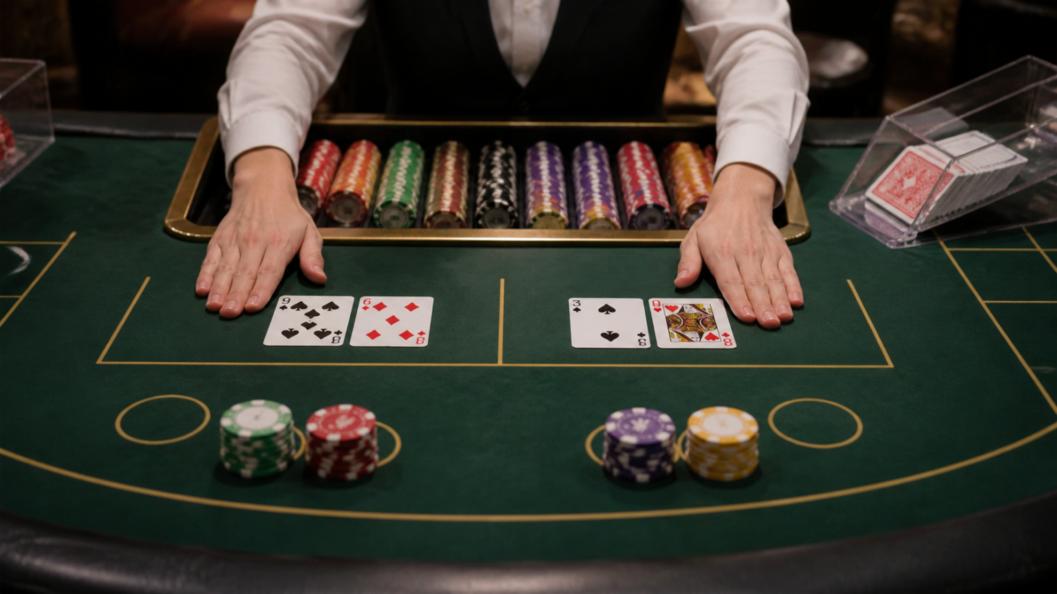 A Beginner’s Guide to Online Casinos Singapore and Their Features โต๊ะบาคาร่าในคาสิโนพร้อมไพ่และชิปขณะกำลังแจกไพ่