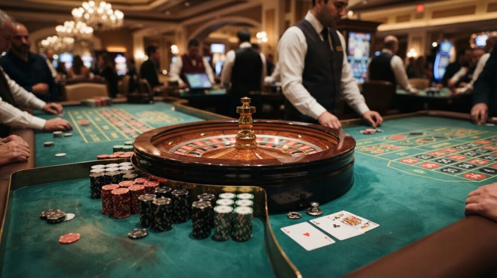 Navigating the Landscape of Singapore Online Casino Gaming A green felt casino table with colorful stacks of poker chips and a roulette wheel.