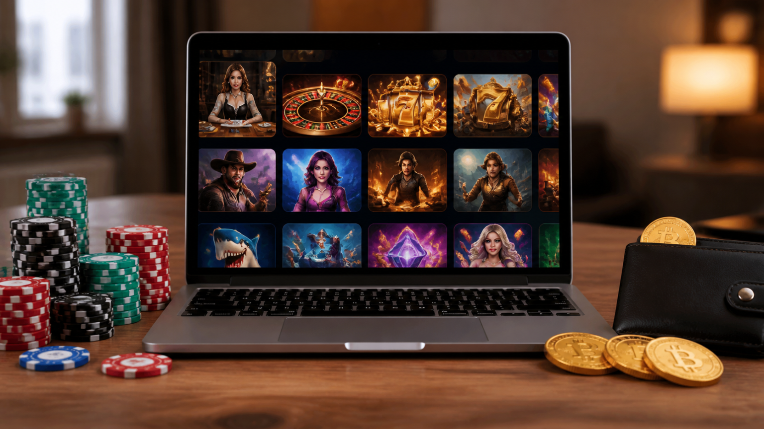 What to Know About a Crypto Online Casino Laptop showing a crypto online casino with wallet and casino chips